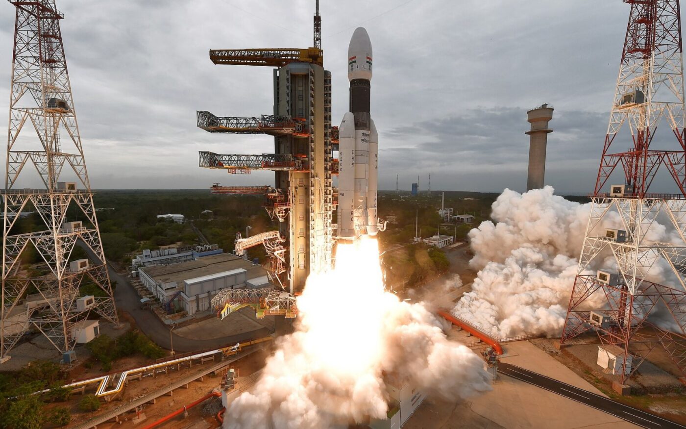 An LVM3 (GSLV Mk III) rocket lifting off from Sriharikota in July 2019