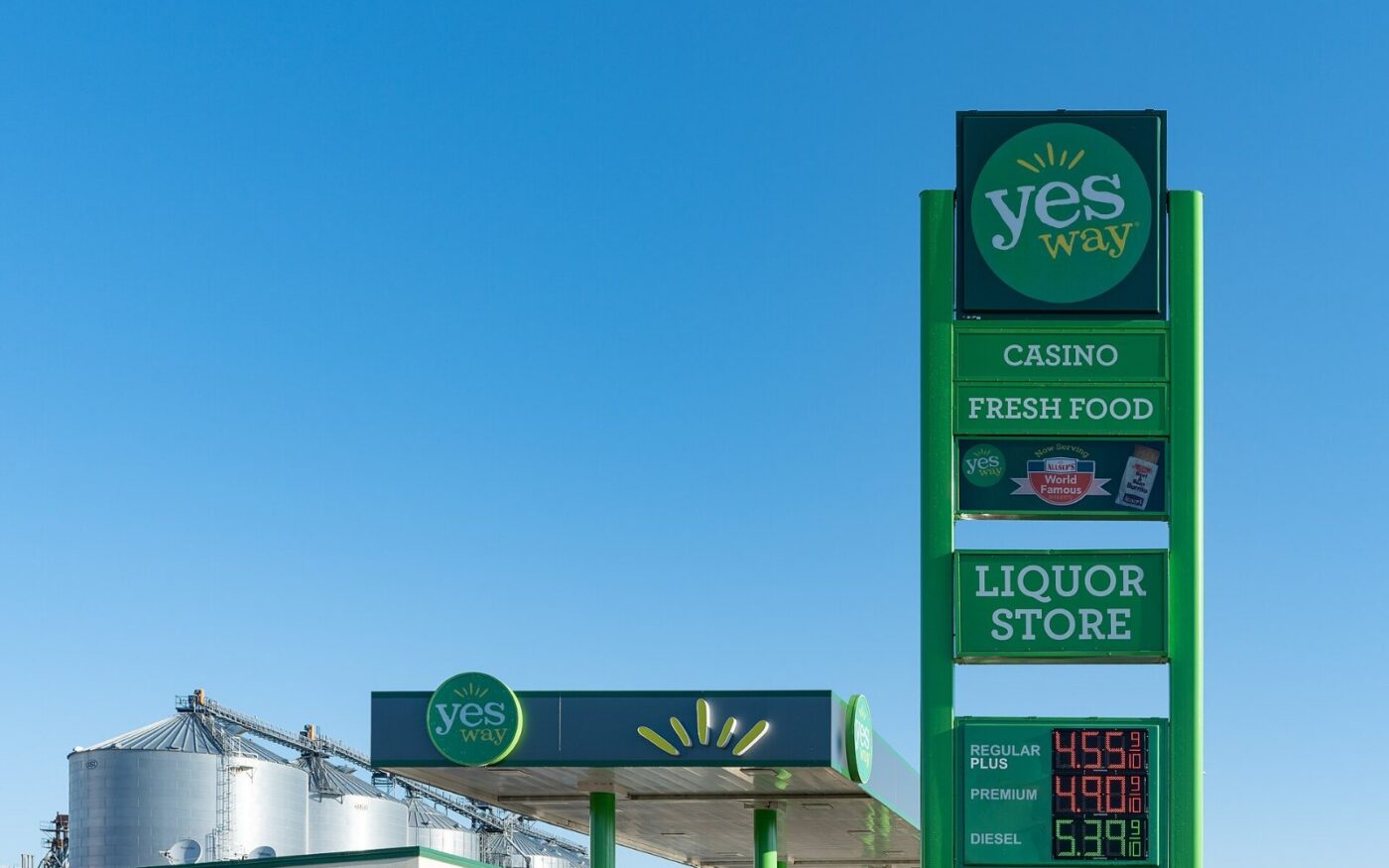 Fuel prices displayed at a petrol station in Fort Pierre, South Dakota, United States